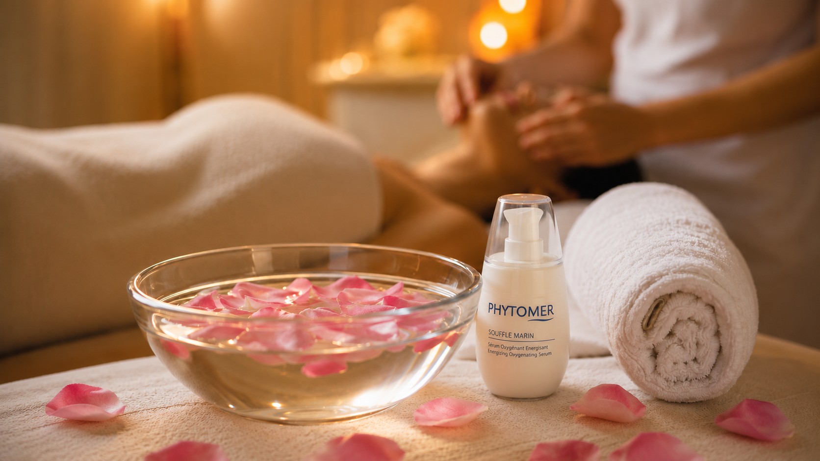 夏季保濕專案：溫暖光線下的保濕精華、玫瑰花瓣水盤與 SPA 按摩場景