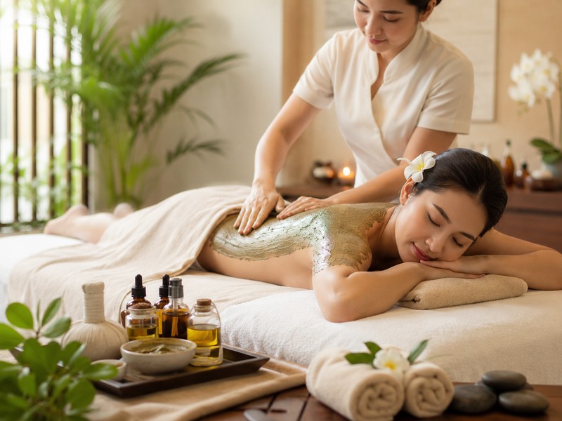 美療師為顧客進行身體美療 SPA，於溫暖放鬆的空間敷體按摩