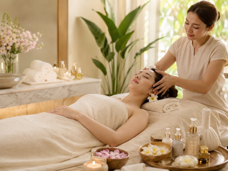 美療師為顧客進行複合式 SPA 組合，整合頭部與臉部的完整放鬆養護